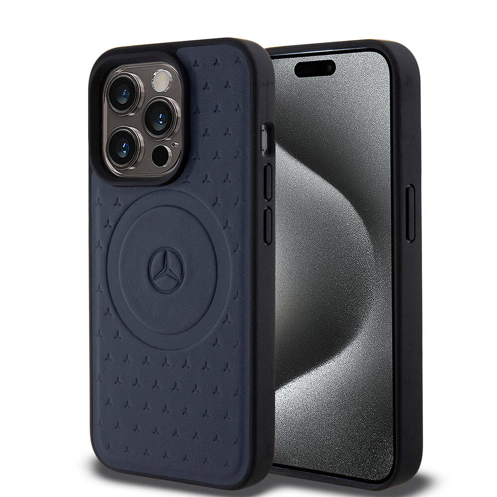 iPhone 15 Pro Kılıf Mercedes Benz Orjinal Lisanslı M-safe Şarj Özellikli Mühürlü Yıldız Desenli ve Logolu Deri Kılıf
