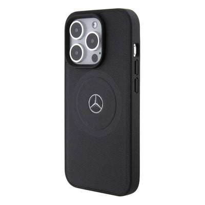 Apple iPhone 15 Pro Kılıf Mercedes Benz Orjinal Lisanslı Magsafe Şarj Özellikli Pike Desenli Baskı Logolu Deri Kapak Siyah
