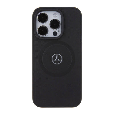 Apple iPhone 15 Pro Kılıf Mercedes Benz Orjinal Lisanslı Magsafe Şarj Özellikli Pike Desenli Baskı Logolu Deri Kapak Siyah