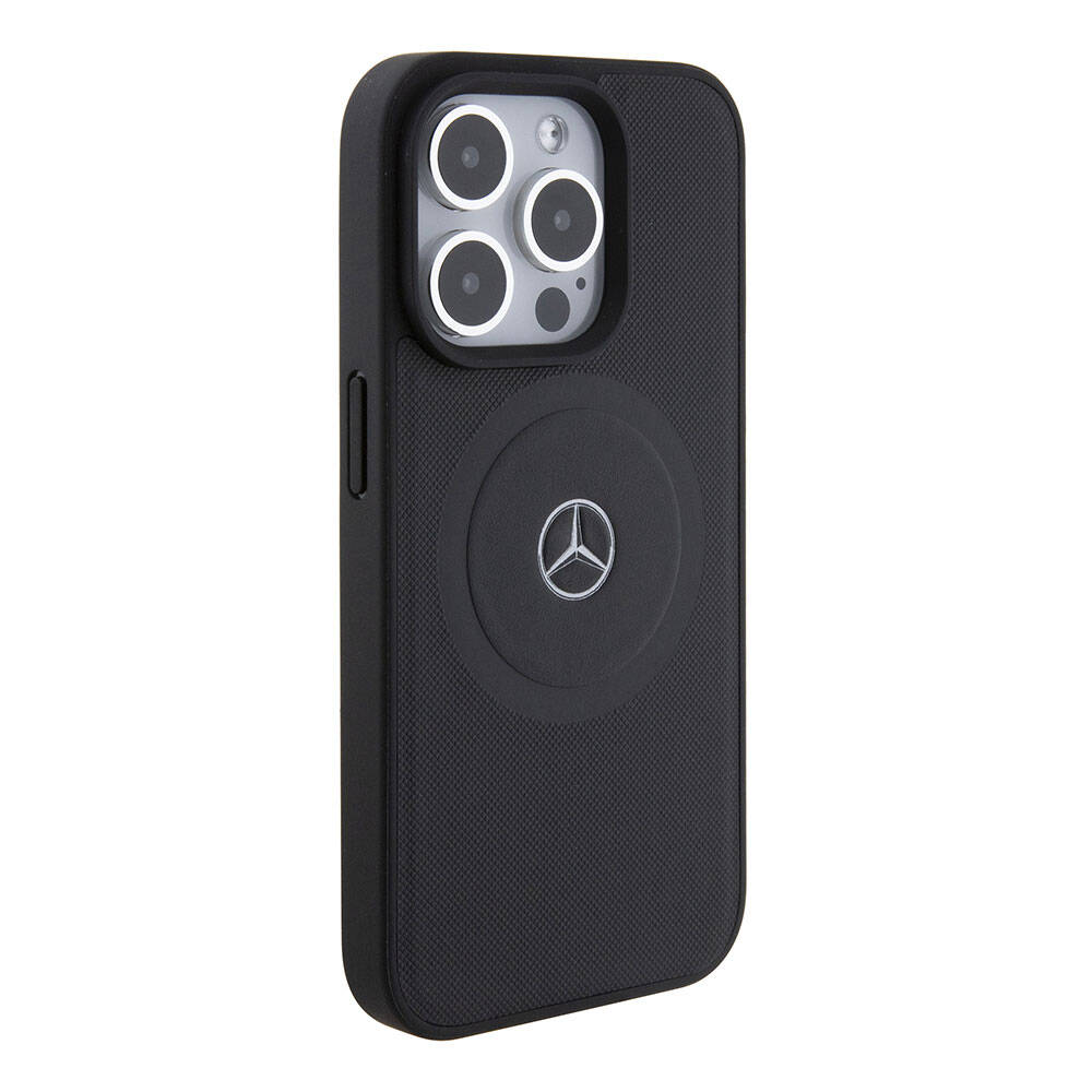 Apple iPhone 15 Pro Kılıf Mercedes Benz Orjinal Lisanslı Magsafe Şarj Özellikli Pike Desenli Baskı Logolu Deri Kapak Siyah