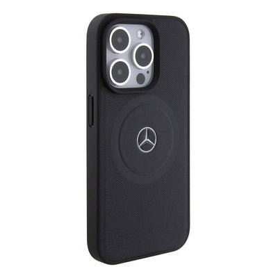 Apple iPhone 15 Pro Kılıf Mercedes Benz Orjinal Lisanslı Magsafe Şarj Özellikli Pike Desenli Baskı Logolu Deri Kapak Siyah