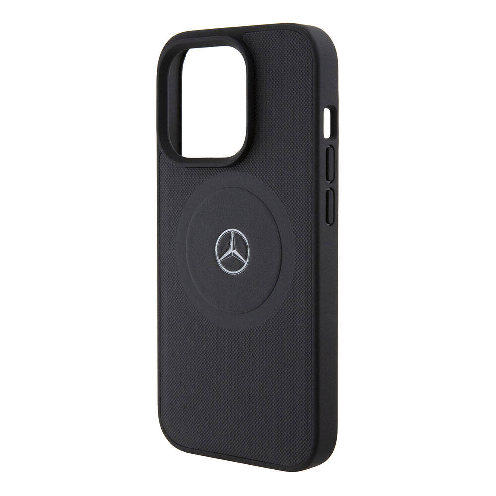 Apple iPhone 15 Pro Kılıf Mercedes Benz Orjinal Lisanslı Magsafe Şarj Özellikli Pike Desenli Baskı Logolu Deri Kapak Siyah