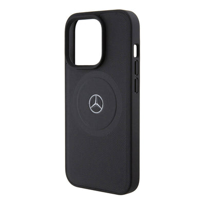 Apple iPhone 15 Pro Kılıf Mercedes Benz Orjinal Lisanslı Magsafe Şarj Özellikli Pike Desenli Baskı Logolu Deri Kapak Siyah