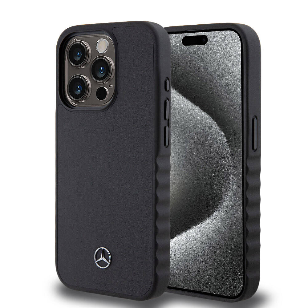 Apple iPhone 15 Pro Kılıf Mercedes Benz Orjinal Lisanslı Tırtıklı Kenar Tasarımlı Metal Yıldız Logolu Pürüzsüz Hakiki Deri Kapak Siyah