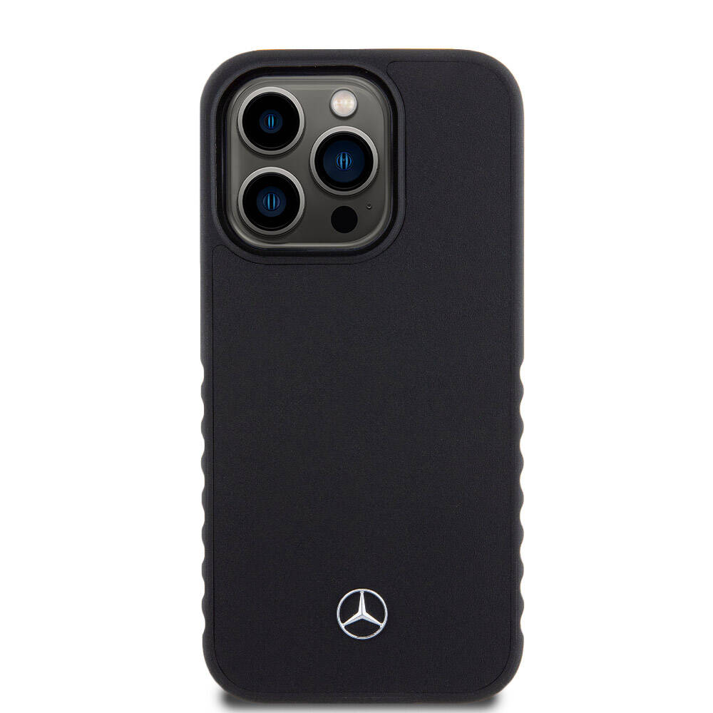 Apple iPhone 15 Pro Kılıf Mercedes Benz Orjinal Lisanslı Tırtıklı Kenar Tasarımlı Metal Yıldız Logolu Pürüzsüz Hakiki Deri Kapak Siyah