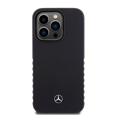 Apple iPhone 15 Pro Kılıf Mercedes Benz Orjinal Lisanslı Tırtıklı Kenar Tasarımlı Metal Yıldız Logolu Pürüzsüz Hakiki Deri Kapak Siyah