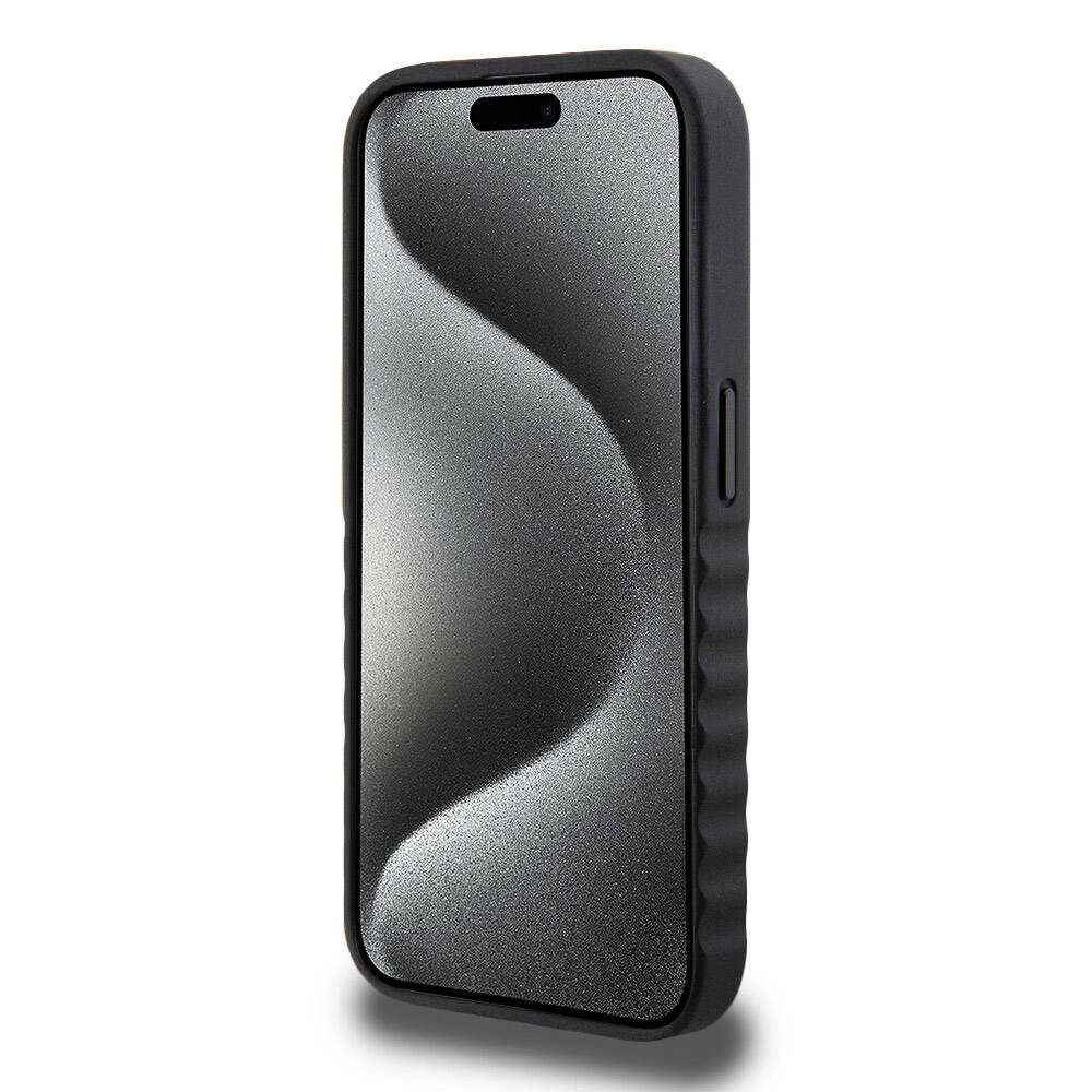 Apple iPhone 15 Pro Kılıf Mercedes Benz Orjinal Lisanslı Tırtıklı Kenar Tasarımlı Metal Yıldız Logolu Pürüzsüz Hakiki Deri Kapak Siyah