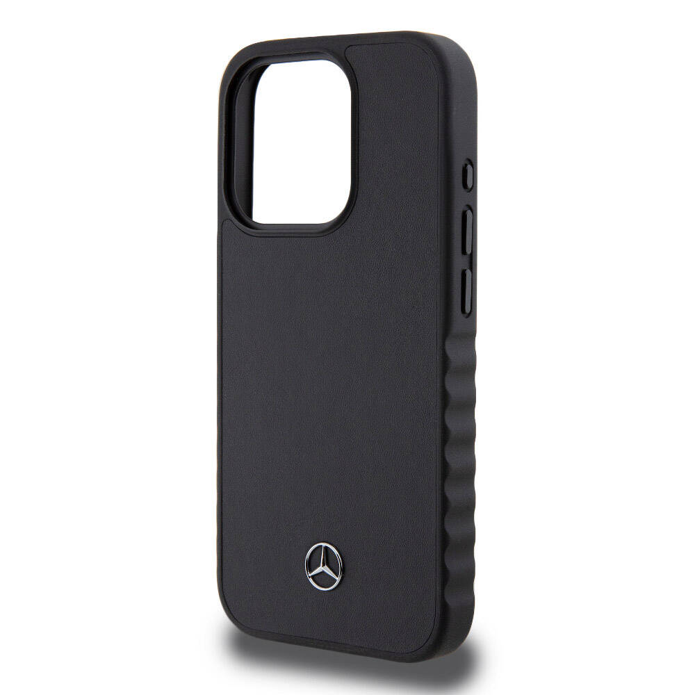 Apple iPhone 15 Pro Kılıf Mercedes Benz Orjinal Lisanslı Tırtıklı Kenar Tasarımlı Metal Yıldız Logolu Pürüzsüz Hakiki Deri Kapak Siyah