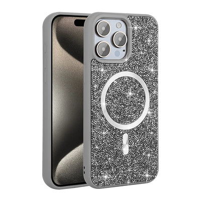 Apple iPhone 15 Pro Kılıf Pırlanta Tasarımlı M-safe Şarj Özellikli Zore Mozaik Silikon Kapak Titanyum-Gri
