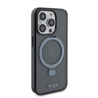 Apple iPhone 15 Pro Kılıf TUMI Orjinal Lisanslı Magsafe Şarj Özellikli PC TPU Metal Logolu Ring Standlı Kapak Siyah