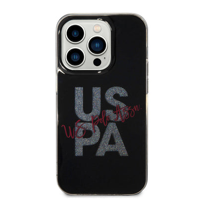 Apple iPhone 15 Pro Kılıf U.S. Polo Assn. Orjinal Lisanslı Simli Parlak Alfabe Tasarım Kapak Siyah