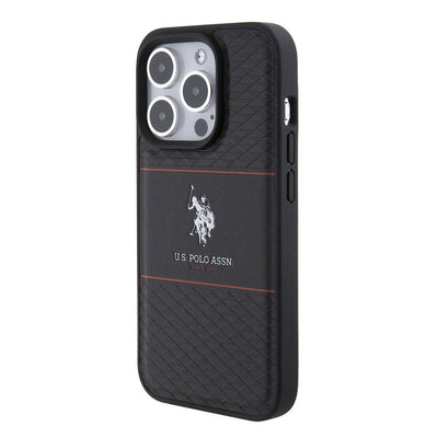 Apple iPhone 15 Pro Kılıf U.S. Polo Assn. Orjinal Lisanslı Deri Şeritli Logo Dizayn Kapak Lacivert