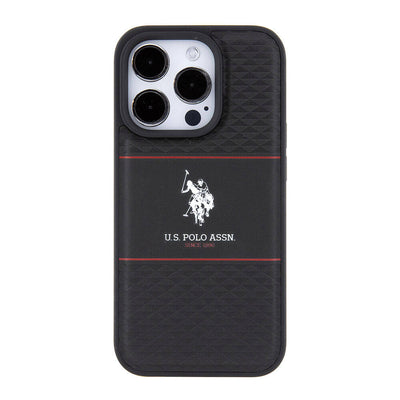 Apple iPhone 15 Pro Kılıf U.S. Polo Assn. Orjinal Lisanslı Deri Şeritli Logo Dizayn Kapak Siyah