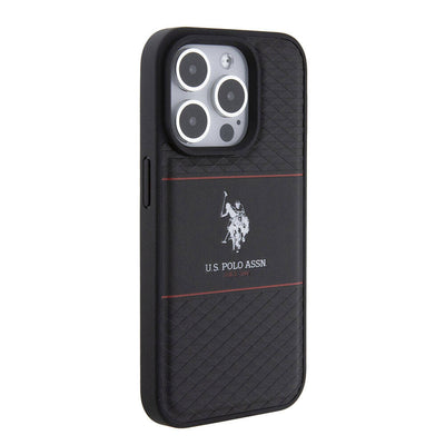 Apple iPhone 15 Pro Kılıf U.S. Polo Assn. Orjinal Lisanslı Deri Şeritli Logo Dizayn Kapak Lacivert