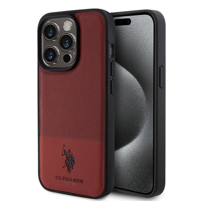Apple iPhone 15 Pro Kılıf U.S. Polo Assn. Orjinal Lisanslı Suni Deri Arka Yüzey Baskı Logolu Örgü Desenli Kapak Kırmızı