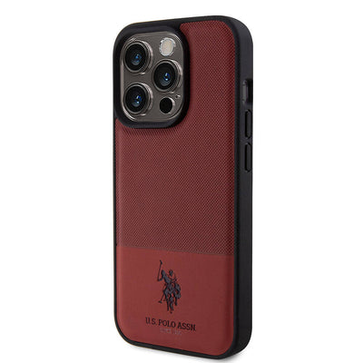 Apple iPhone 15 Pro Kılıf U.S. Polo Assn. Orjinal Lisanslı Suni Deri Arka Yüzey Baskı Logolu Örgü Desenli Kapak Kırmızı