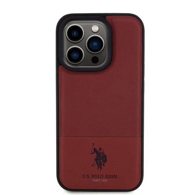 Apple iPhone 15 Pro Kılıf U.S. Polo Assn. Orjinal Lisanslı Suni Deri Arka Yüzey Baskı Logolu Örgü Desenli Kapak Kırmızı