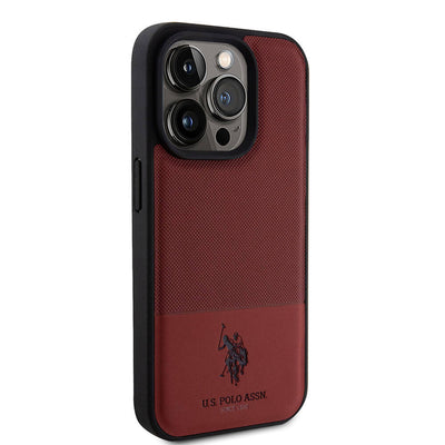 Apple iPhone 15 Pro Kılıf U.S. Polo Assn. Orjinal Lisanslı Suni Deri Arka Yüzey Baskı Logolu Örgü Desenli Kapak Lacivert