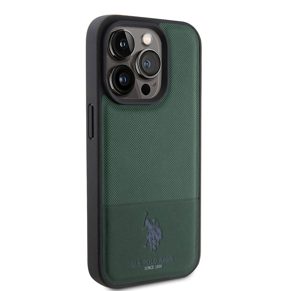 Apple iPhone 15 Pro Kılıf U.S. Polo Assn. Orjinal Lisanslı Suni Deri Arka Yüzey Baskı Logolu Örgü Desenli Kapak Lacivert