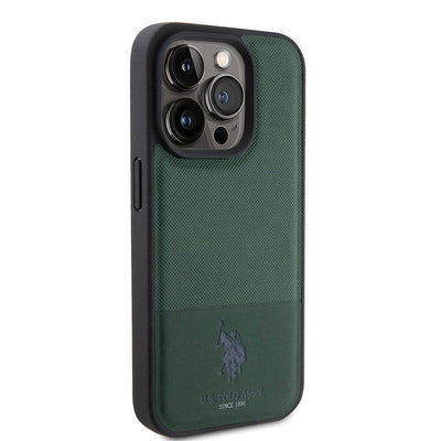 Apple iPhone 15 Pro Kılıf U.S. Polo Assn. Orjinal Lisanslı Suni Deri Arka Yüzey Baskı Logolu Örgü Desenli Kapak Lacivert