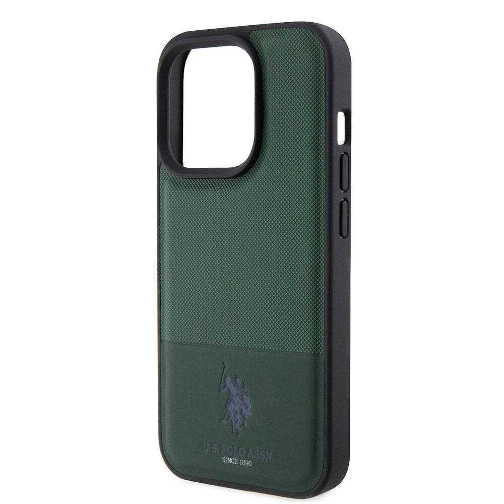Apple iPhone 15 Pro Kılıf U.S. Polo Assn. Orjinal Lisanslı Suni Deri Arka Yüzey Baskı Logolu Örgü Desenli Kapak Lacivert
