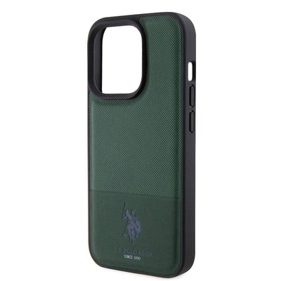 Apple iPhone 15 Pro Kılıf U.S. Polo Assn. Orjinal Lisanslı Suni Deri Arka Yüzey Baskı Logolu Örgü Desenli Kapak Lacivert