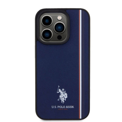 Apple iPhone 15 Pro Kılıf U.S. Polo Assn. Orjinal Lisanslı Üç Renk Şerit Tasarımlı Baskı Logolu Kapak Lacivert