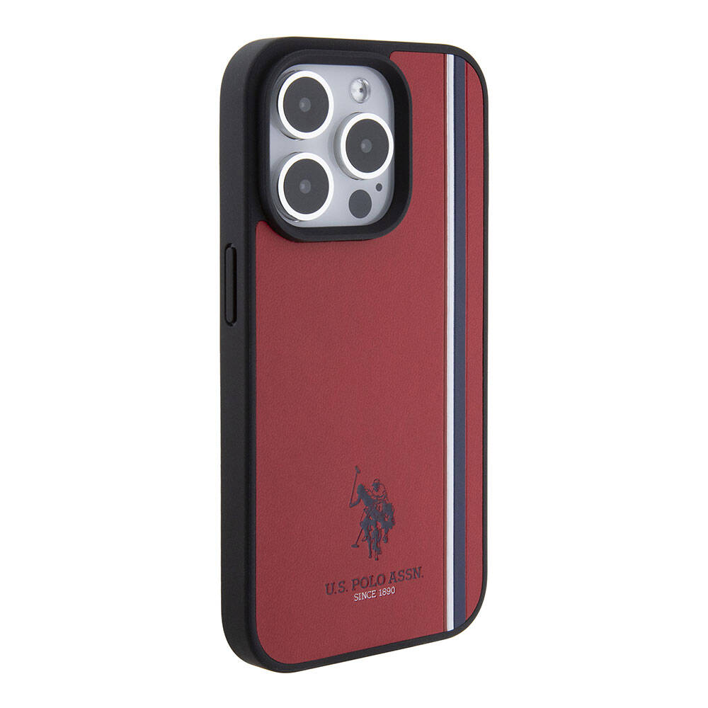 Apple iPhone 15 Pro Kılıf U.S. Polo Assn. Orjinal Lisanslı Üç Renk Şerit Tasarımlı Baskı Logolu Kapak Kırmızı