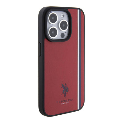 Apple iPhone 15 Pro Kılıf U.S. Polo Assn. Orjinal Lisanslı Üç Renk Şerit Tasarımlı Baskı Logolu Kapak Kırmızı