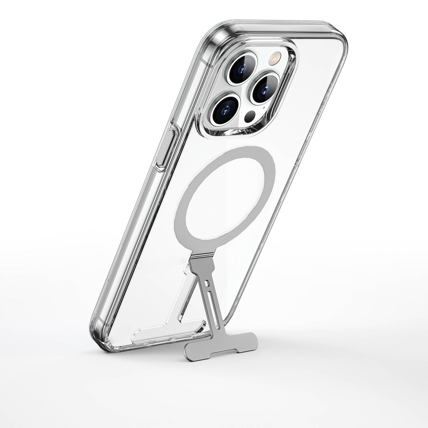 Apple iPhone 15 Pro Kılıf Wiwu FYY-014 Magsafe Şarj Özellikli Alüminyum Alaşım Metal Standlı Şeffaf Kapak Renksiz