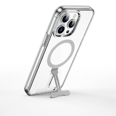 Apple iPhone 15 Pro Kılıf Wiwu FYY-014 Magsafe Şarj Özellikli Alüminyum Alaşım Metal Standlı Şeffaf Kapak Renksiz