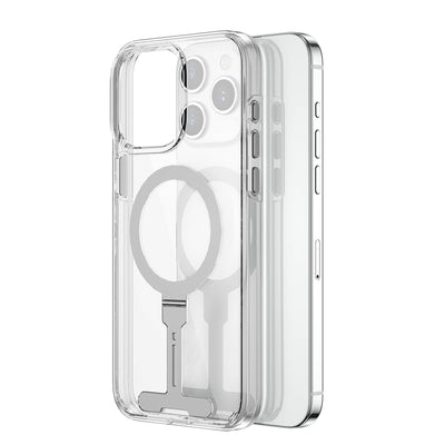 Apple iPhone 15 Pro Kılıf Wiwu FYY-014 Magsafe Şarj Özellikli Alüminyum Alaşım Metal Standlı Şeffaf Kapak Renksiz