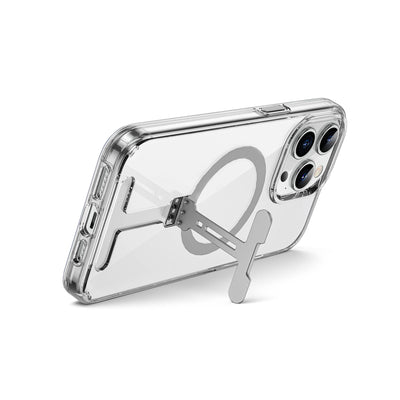 Apple iPhone 15 Pro Kılıf Wiwu FYY-014 Magsafe Şarj Özellikli Alüminyum Alaşım Metal Standlı Şeffaf Kapak Renksiz