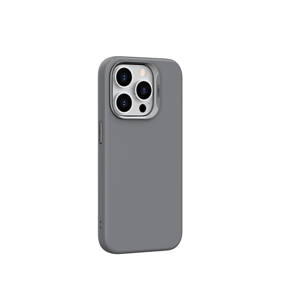 Apple iPhone 15 Pro Kılıf Wiwu SP-019 Magsafe Şarj Özellikli Vegan Leather Deri Kapak Gri