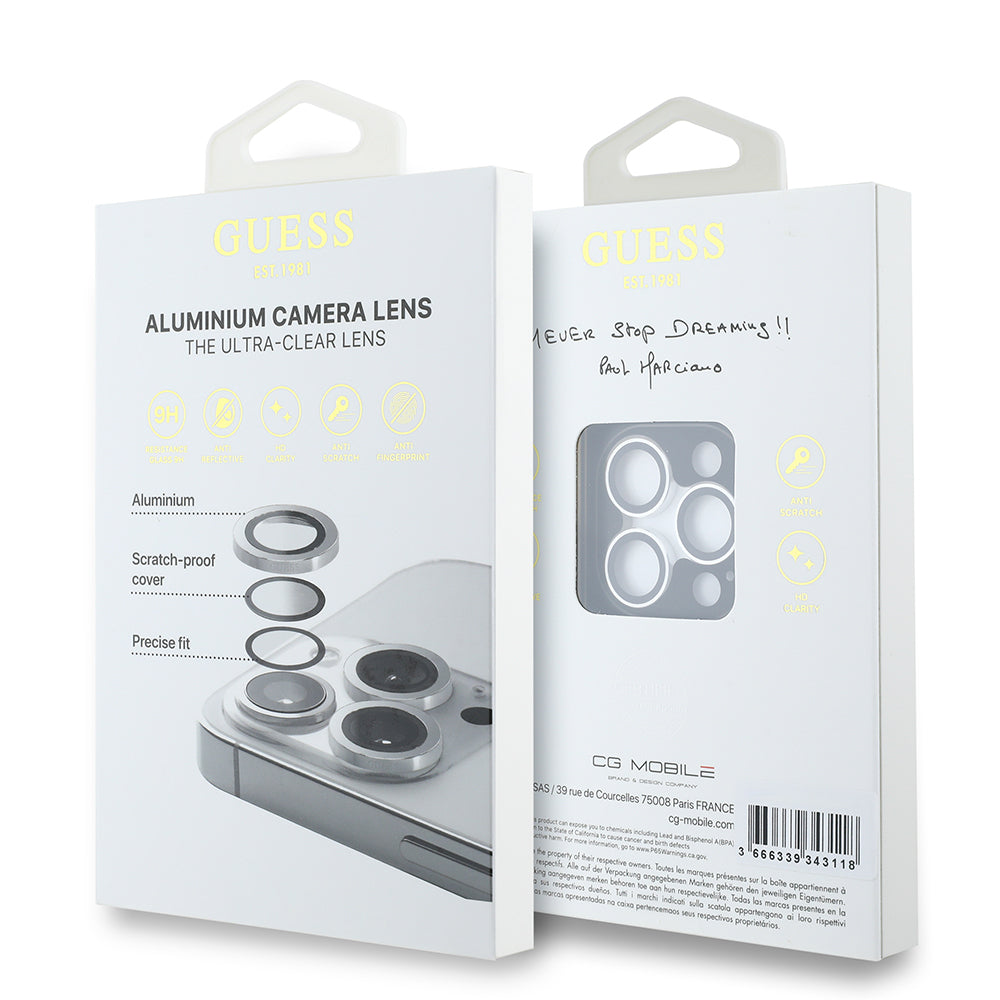 Apple iPhone 15 Pro Max Guess Orjinal Lisanslı Metal Kamera Lens Koruyucu Gümüş