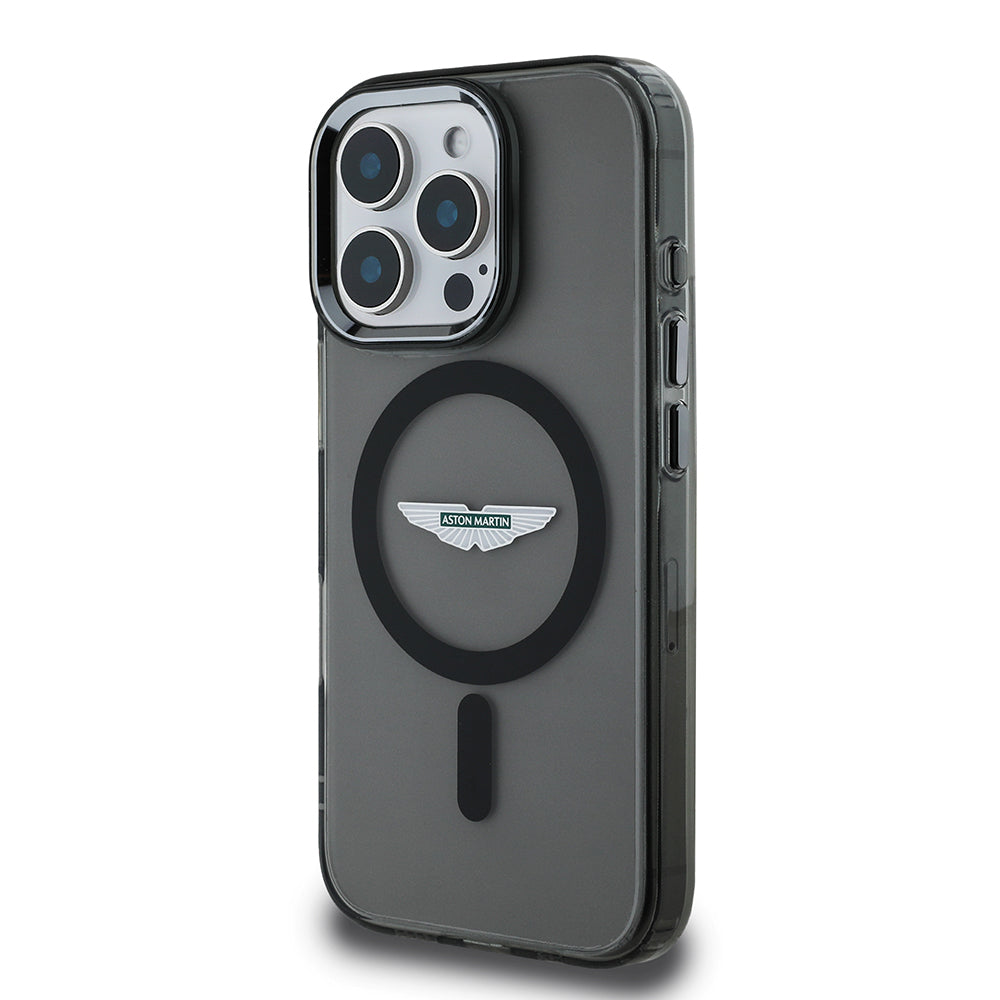 Apple iPhone 15 Pro Max Kılıf Aston Martin Orjinal Lisanslı M-safe Şarj Özellikli  IML Baskı Logolu Metal Düğmeli Kapak Siyah