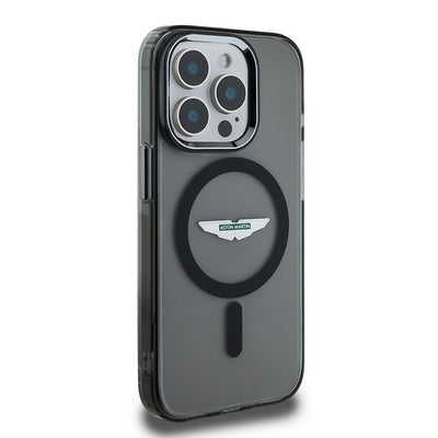 Apple iPhone 15 Pro Max Kılıf Aston Martin Orjinal Lisanslı M-safe Şarj Özellikli  IML Baskı Logolu Metal Düğmeli Kapak Siyah