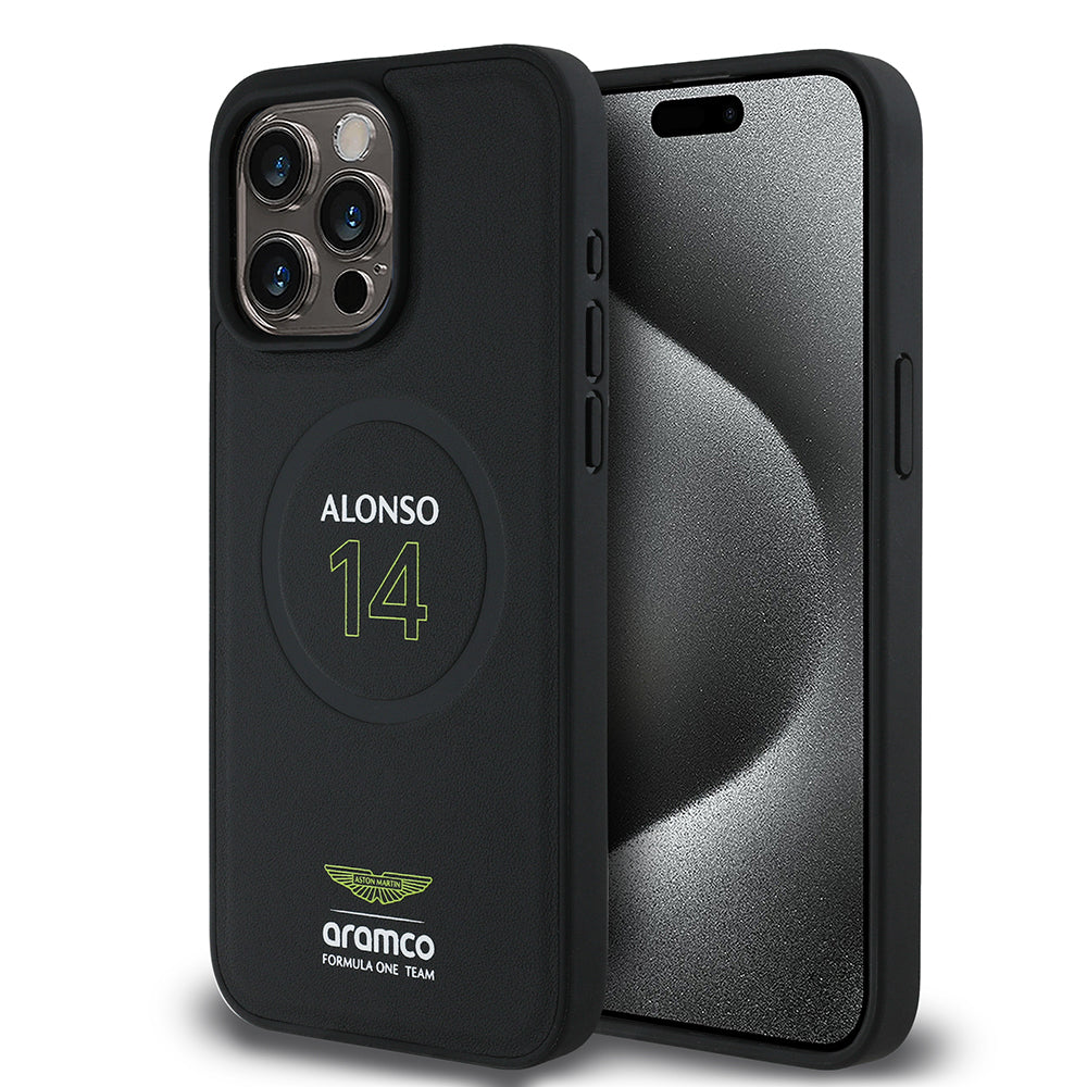 Apple iPhone 15 Pro Max Kılıf Aston Martin Orjinal Lisanslı M-safe Şarj Özellikli PU Deri Alonso 14 Baskılı Kapak Siyah