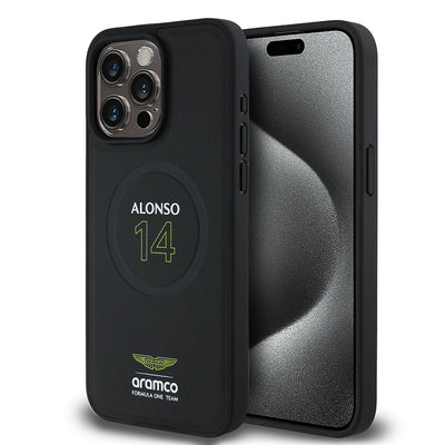 Apple iPhone 15 Pro Max Kılıf Aston Martin Orjinal Lisanslı M-safe Şarj Özellikli PU Deri Alonso 14 Baskılı Kapak Siyah