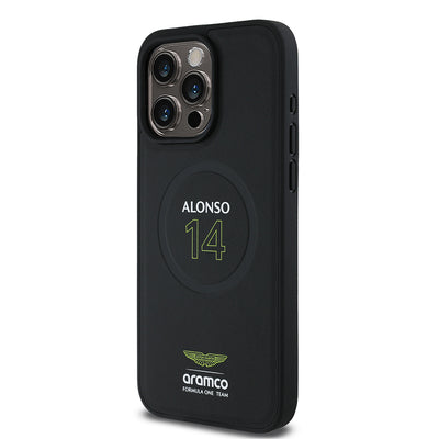Apple iPhone 15 Pro Max Kılıf Aston Martin Orjinal Lisanslı M-safe Şarj Özellikli PU Deri Alonso 14 Baskılı Kapak Siyah