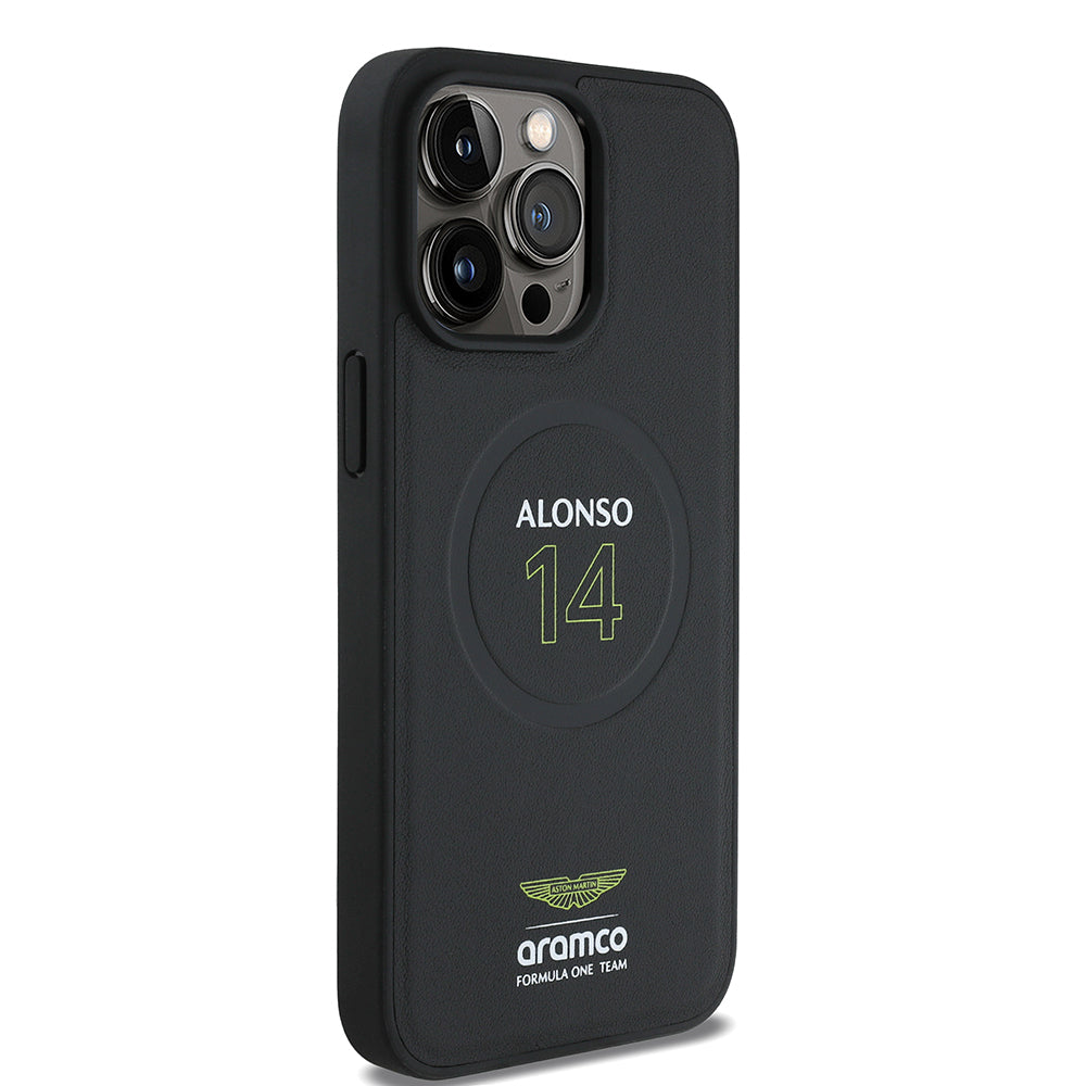 Apple iPhone 15 Pro Max Kılıf Aston Martin Orjinal Lisanslı M-safe Şarj Özellikli PU Deri Alonso 14 Baskılı Kapak Siyah