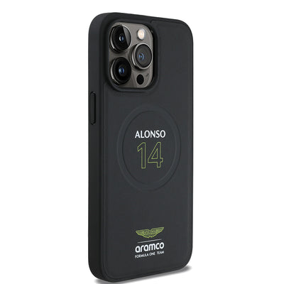 Apple iPhone 15 Pro Max Kılıf Aston Martin Orjinal Lisanslı M-safe Şarj Özellikli PU Deri Alonso 14 Baskılı Kapak Siyah