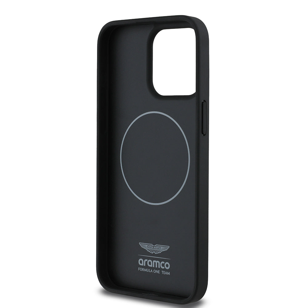 Apple iPhone 15 Pro Max Kılıf Aston Martin Orjinal Lisanslı M-safe Şarj Özellikli PU Deri Alonso 14 Baskılı Kapak Siyah