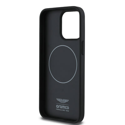 Apple iPhone 15 Pro Max Kılıf Aston Martin Orjinal Lisanslı M-safe Şarj Özellikli PU Deri Alonso 14 Baskılı Kapak Siyah