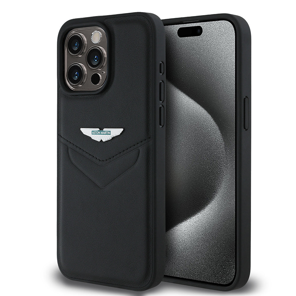 Apple iPhone 15 Pro Max Kılıf Aston Martin Orjinal Lisanslı Victory Dizayn PU Deri Metal Logolu Kapak Siyah