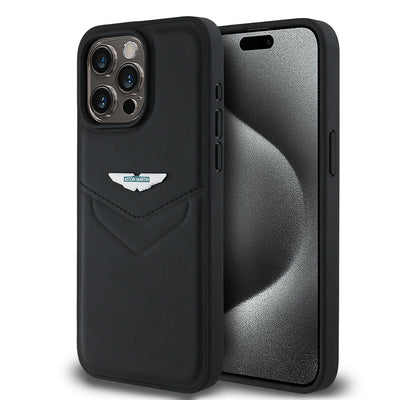 Apple iPhone 15 Pro Max Kılıf Aston Martin Orjinal Lisanslı Victory Dizayn PU Deri Metal Logolu Kapak Siyah