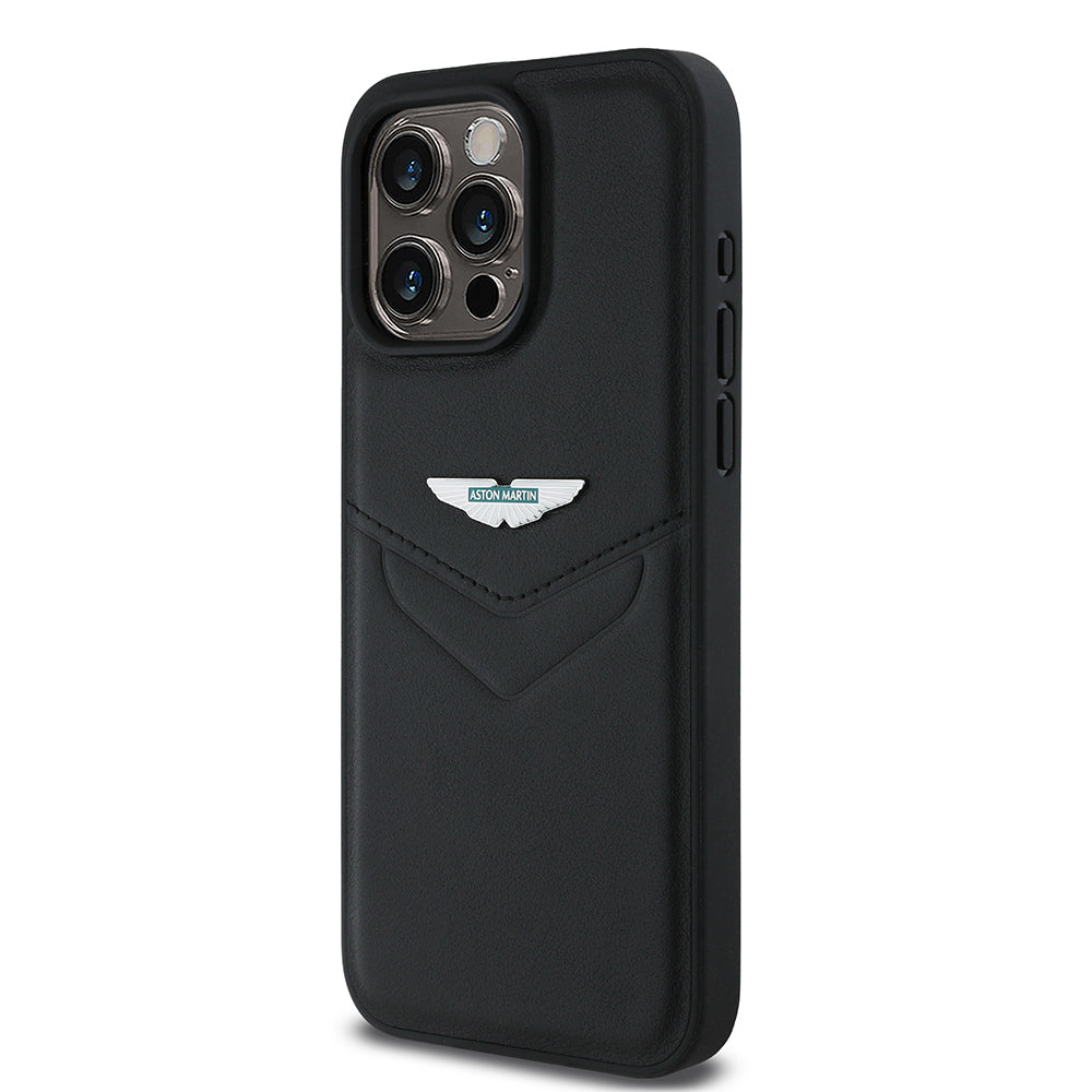 Apple iPhone 15 Pro Max Kılıf Aston Martin Orjinal Lisanslı Victory Dizayn PU Deri Metal Logolu Kapak Siyah
