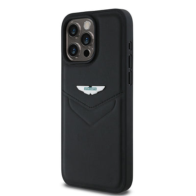 Apple iPhone 15 Pro Max Kılıf Aston Martin Orjinal Lisanslı Victory Dizayn PU Deri Metal Logolu Kapak Siyah
