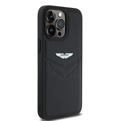 Apple iPhone 15 Pro Max Kılıf Aston Martin Orjinal Lisanslı Victory Dizayn PU Deri Metal Logolu Kapak Siyah