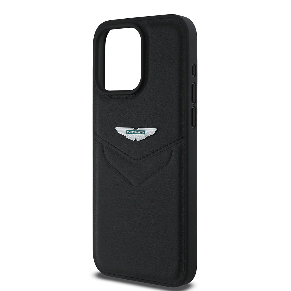 Apple iPhone 15 Pro Max Kılıf Aston Martin Orjinal Lisanslı Victory Dizayn PU Deri Metal Logolu Kapak Siyah